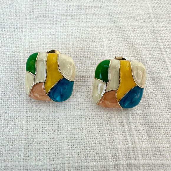 Vintage Colorful Block Earrings Square Geometric Pierced Statement Earrings - Picture 4 of 8